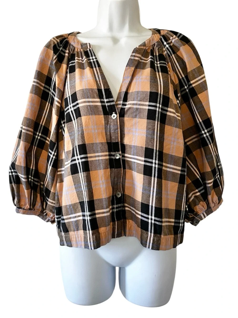 STAUD Women’s Tan, Black & Cream Plaid Button Front Puff-Sleeve Top- Large